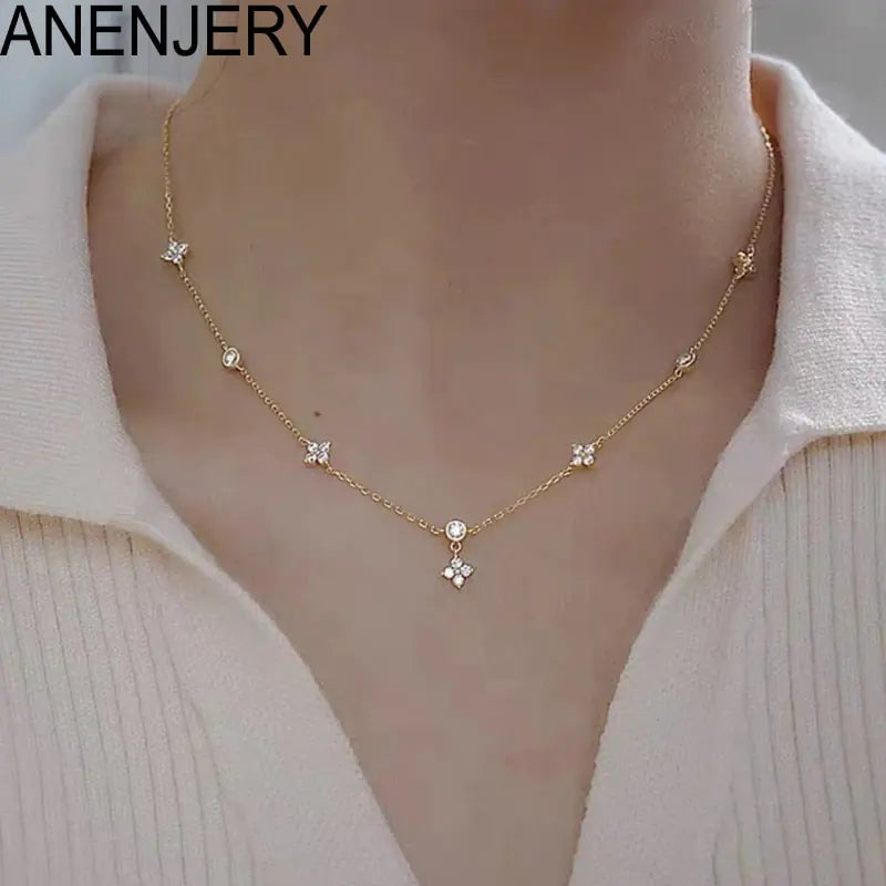 ANENJERY Zircon Four-Leaf Flower Necklace